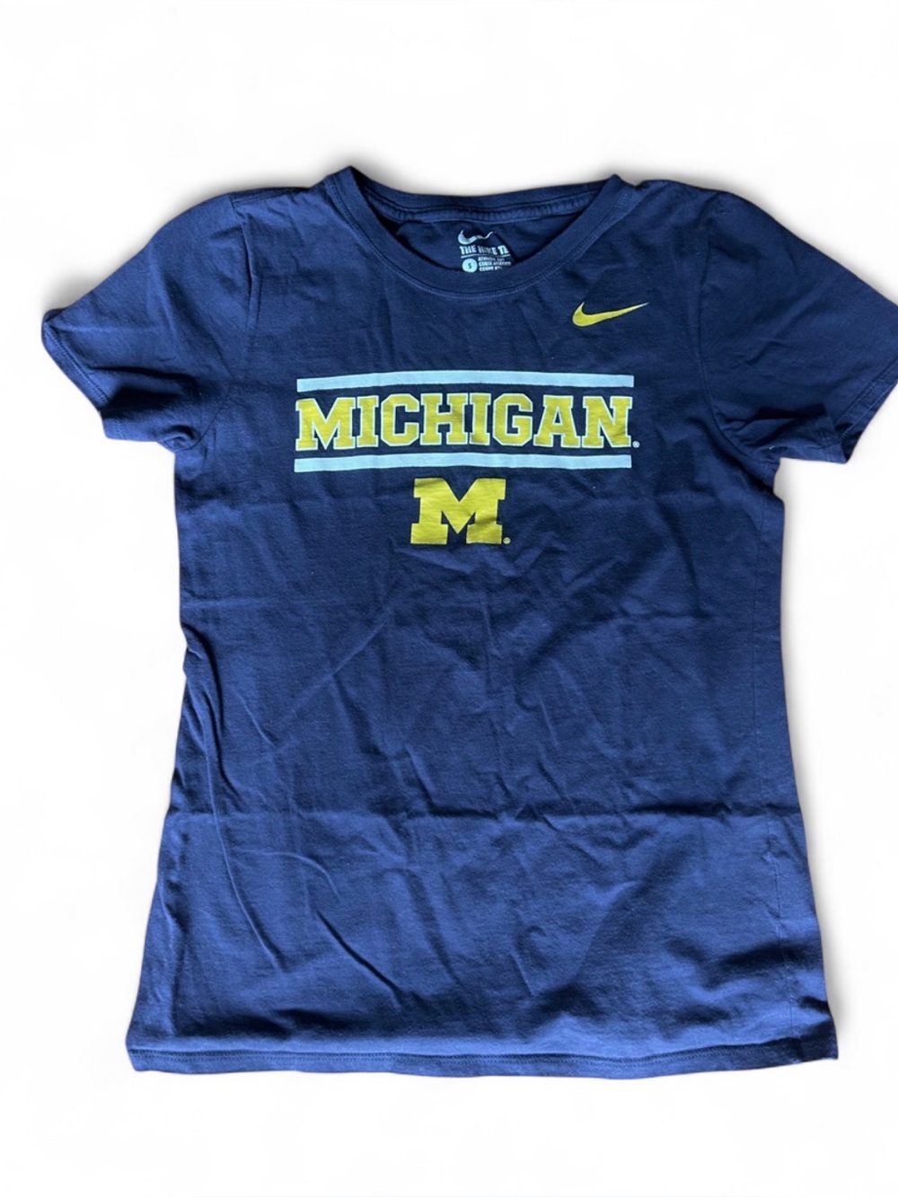 Nike Women Michigan Wolverines Navy Graphic Tee with Yellow Logo
